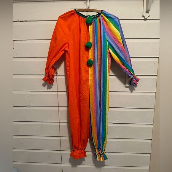 Vintage Clown Costume Jumpsuit Half Striped Rainbow Half Orange Pom Pom Handmade - Picture 1 of 14